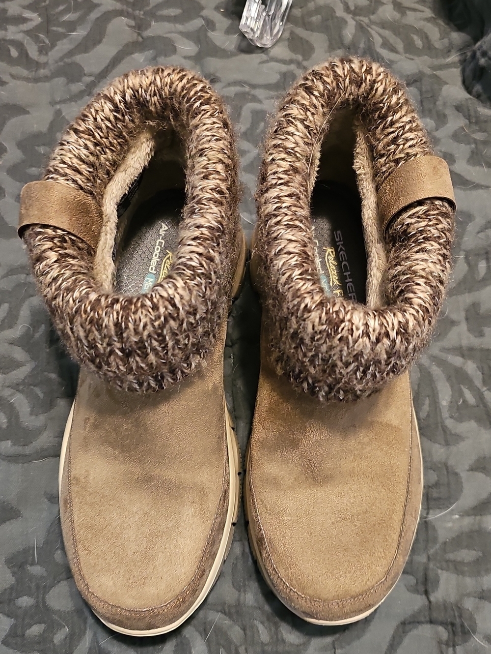 Skechers Tan Suede Knit-Cuff Women's Slip-On Ankle Boots